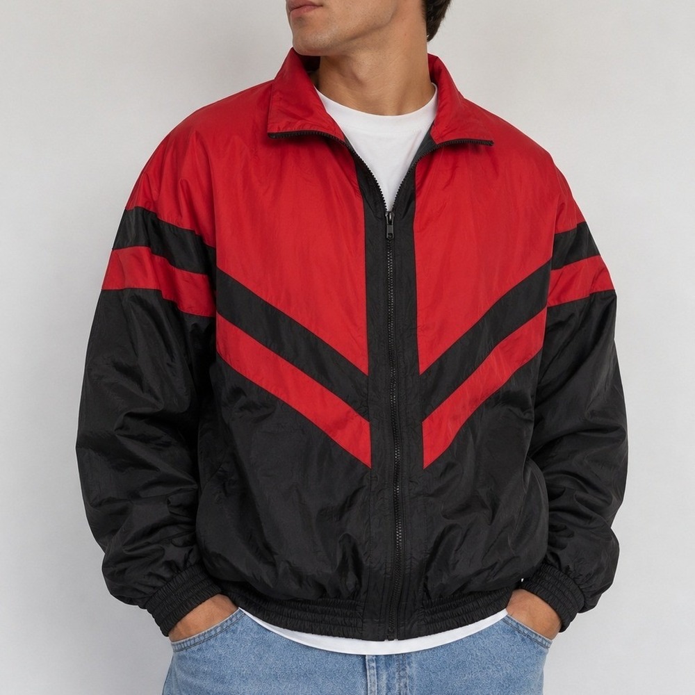 John Blair XLG Silk Windbreaker Jacket Red Black Colorblock Retro 90s Streetwear